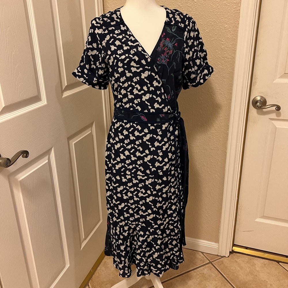 Tanya Taylor Navy and White Floral Wrap Dress